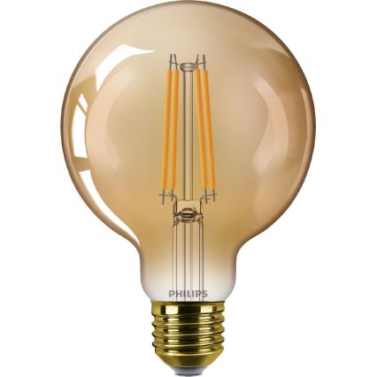 Žiarovka Philips s guľovitým skleneným telom zlatej farby svieti. Vnútri sú tri LED diódy. Žiarovka má klasický skrutkový závit.