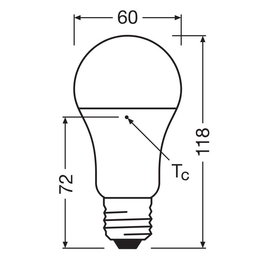 LED žiarovka je znázornená s rozmermi: 60 mm šírka, 118 mm výška, 72 mm priemer. Je zobrazená v čelnom pohľade s označením bodu Tc.