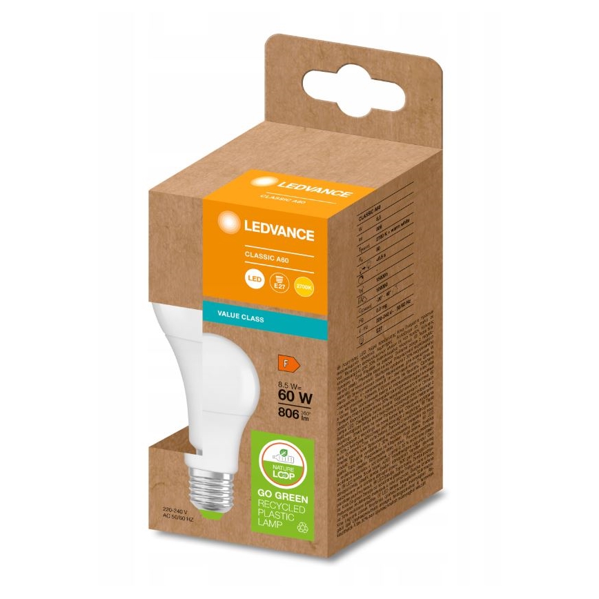 LED Žiarovka z recyklovaného plastu A60 E27/8,5W/230V 2700K - Ledvance