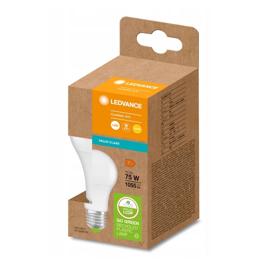LED žiarovka typu A75 s výkonom 10 W (ekvivalent 75 W), svietivosťou 1055 lm, je zabalená v kartónovej krabičke z recyklovaného plastu. Žiarovka má päticu E27.