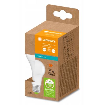 LED žiarovka s označením Classic A75, je zabalená v kartónovej krabici. Na krabici sú uvedené technické parametre: 10 W, 75 W, 1055 lm, 220-240 V AC, 50/60 Hz a označenie Go Green Recycled Plastic Lamp.