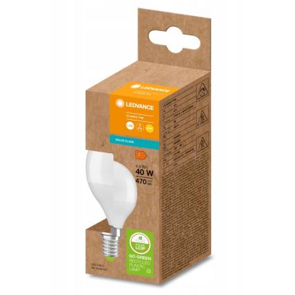 LED žiarovka typu Classic P45, s príkonom 4,9 W a svetelným výkonom 470 lm, ekvivalentná 40 W žiarovke, je zabalená v kartónovej krabici z recyklovaného plastu. Krabica obsahuje technické údaje a označenie GO GREEN.