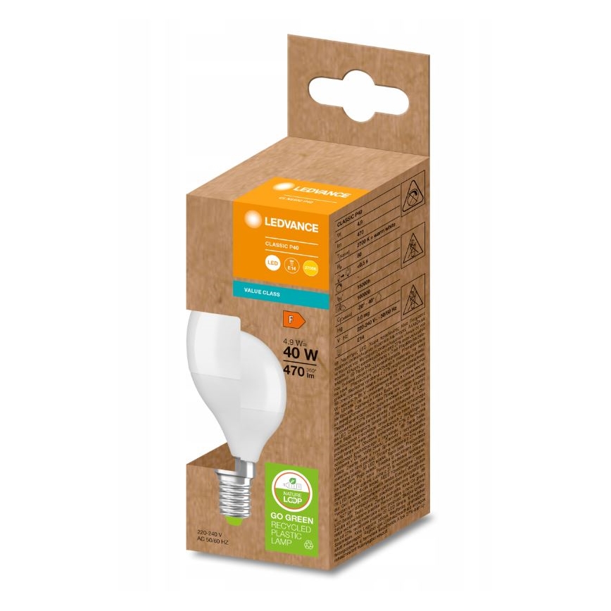 LED žiarovka typu Classic P45, s príkonom 4,9 W a svetelným výkonom 470 lm, ekvivalentná 40 W žiarovke, je zabalená v kartónovej krabici z recyklovaného plastu. Krabica obsahuje technické údaje a označenie GO GREEN.