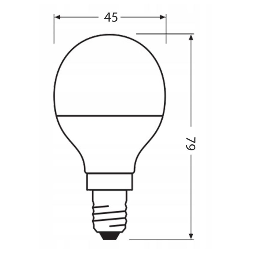 Žiarovka s guľovitým sklom a skrutkovacím závitom je zobrazená v čiernobielej schéme s rozmermi: priemer 45 mm a výška 79 mm.