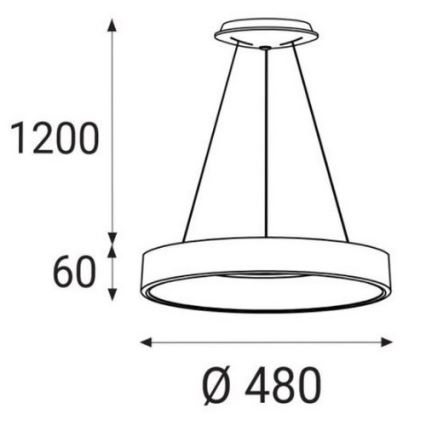 Závesné svietidlo s kruhovým tienidlom visí zo stropu. Rozmery: priemer 480 mm, výška 1200 mm, hrúbka tienidla 60 mm.
