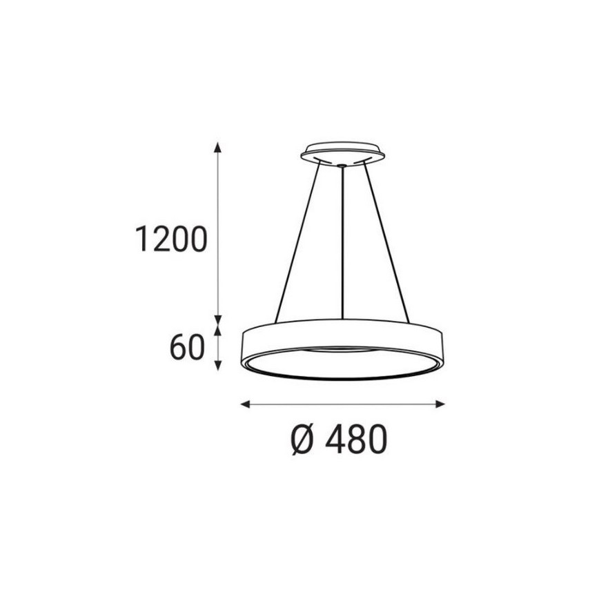 Závesné svietidlo s kruhovým tienidlom visí zo stropu. Rozmery: priemer 480 mm, výška 1200 mm, hrúbka tienidla 60 mm.