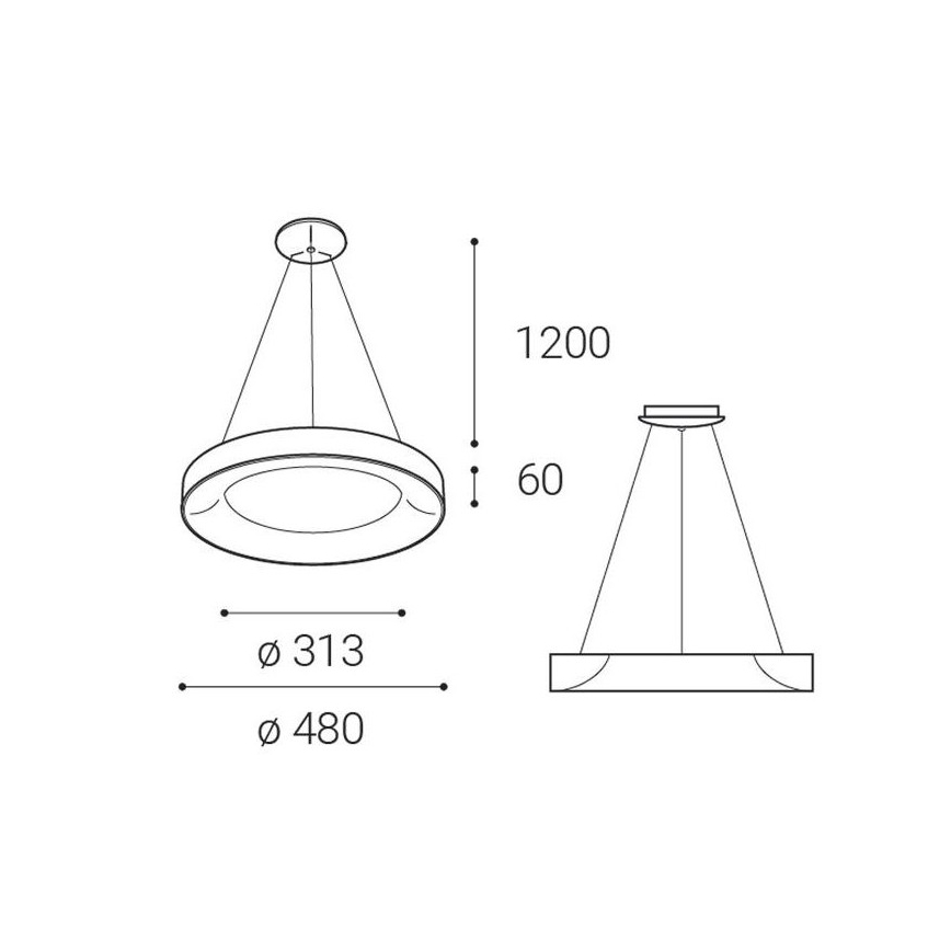 Dve kruhové závesné svietidlá; väčšie má priemer 480 mm a výšku 1200 mm, menšie má priemer 313 mm a výšku 60 mm. Obidve sú znázornené v technickom výkrese.