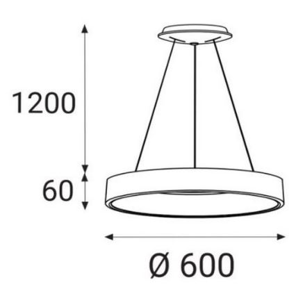 Závesné svietidlo s kruhovým tienidlom visí zo stropu. Tienidlo má priemer 600 mm, výška svietidla je 1200 mm a hrúbka tienidla je 60 mm.