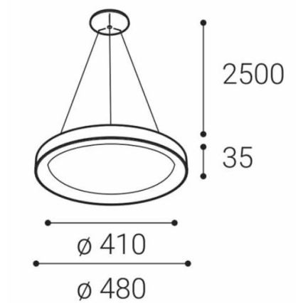 Závesné svietidlo s kruhovým tvarom visí zo stropu. Priemer vnútorného kruhu je 410 mm, vonkajšieho 480 mm, výška 2500 mm, hrúbka 35 mm.