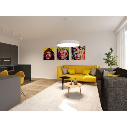 Žltá sedačka stojí v obývacej izbe s drevenou podlahou a bielym kobercom. Na stene visia tri obrazy ženských portrétov v expresívnom štýle. V pozadí je tmavá kuchynská linka.