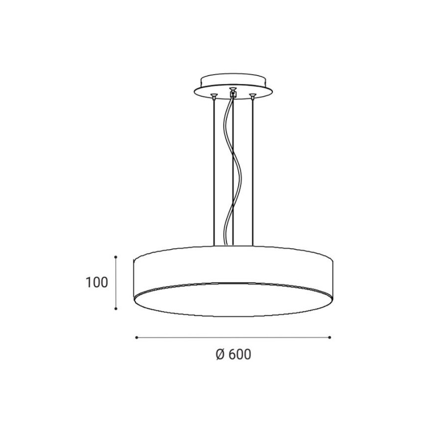 Svietidlo visí zo stropu na troch kábloch. Má valcový tvar s priemerom 600 mm a výškou 100 mm.