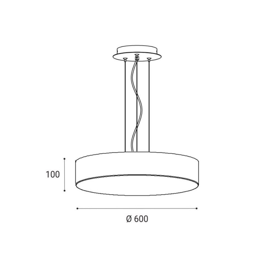 Závesné svietidlo s okrúhlym tienidlom visí zo stropu na troch kábloch. Priemer tienidla je 600 mm, výška 100 mm.
