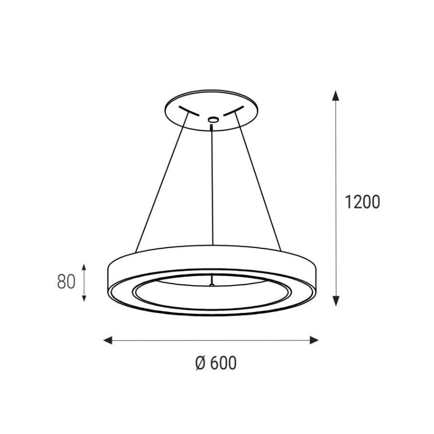 Závesné kruhové svietidlo s priemerom 600 mm visí z stropu na troch kábloch. Celková dĺžka je 1200 mm, výška svietidla je 80 mm.