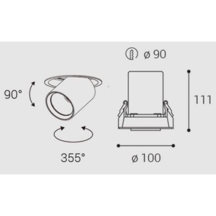 Svietidlo sa otáča o 355° a nakláňa o 90°. Priemer svietidla je 100 mm a výška 111 mm. Návod na montáž.