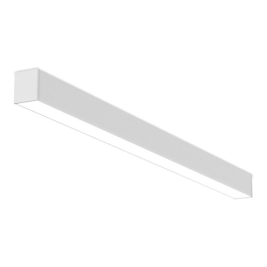Dlhá, úzka, biela LED lampa je umiestnená vodorovne. Svieti. Na bielom pozadí.