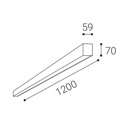 Dlhá obdĺžniková LED lampa je znázornená v perspektívnom náčrte. Rozmery sú 1200 x 70 x 59 mm.