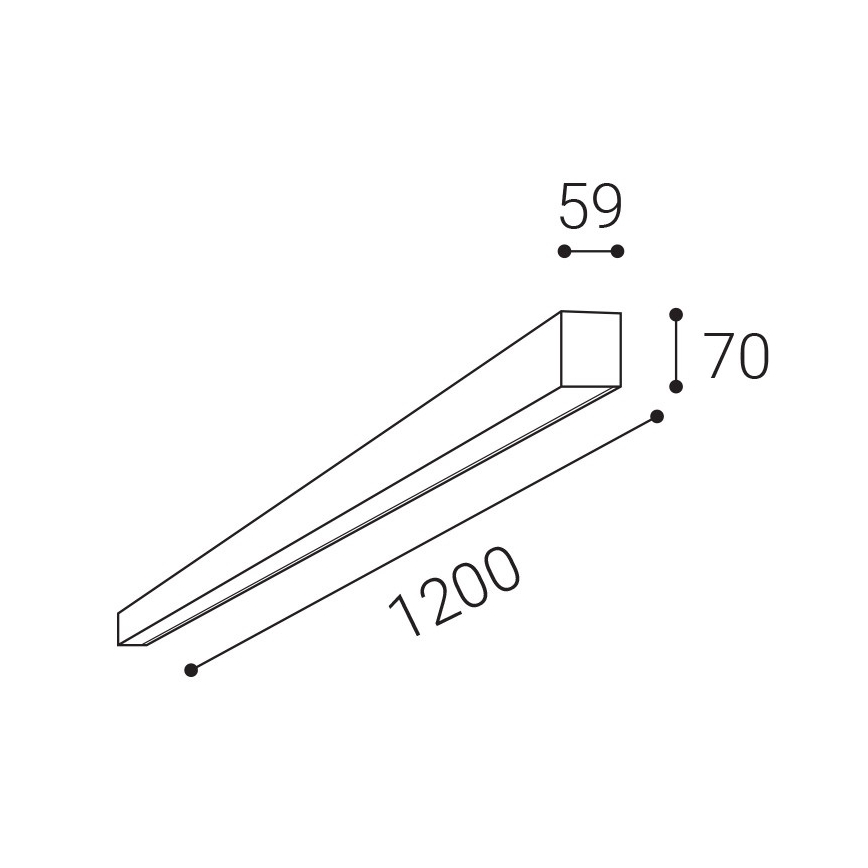 Dlhá obdĺžniková LED lampa je znázornená v perspektívnom náčrte. Rozmery sú 1200 x 70 x 59 mm.