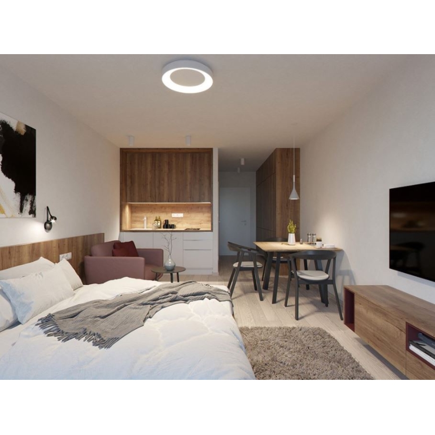 Drevená posteľ s bielou posteľnou bielizňou sa nachádza v priestrannej izbe s kuchyňou a jedálenským kútom. Na stene je umiestnená televízia a malá sedačka.