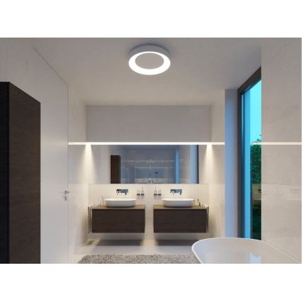 Kruhové stropné svietidlo osvetľuje modernú kúpeľňu s dvoma umývadlami a voľne stojacou vaňou. Kúpeľňa má minimalistický dizajn s veľkým zrkadlom.