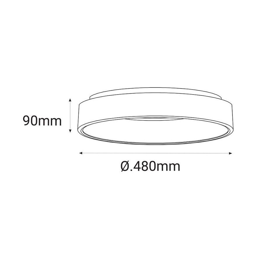 Svietidlo s priemerom 480 mm a výškou 90 mm je znázornené v čiernobielom technickom výkrese.