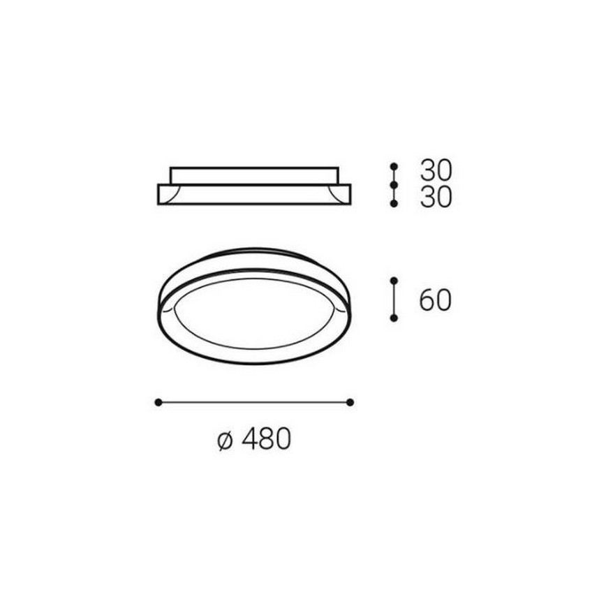 Svietidlo, oválneho tvaru s priemerom 480 mm a výškou 60 mm, je znázornené s rozmermi jeho jednotlivých častí: 30, 30 a 60 mm.