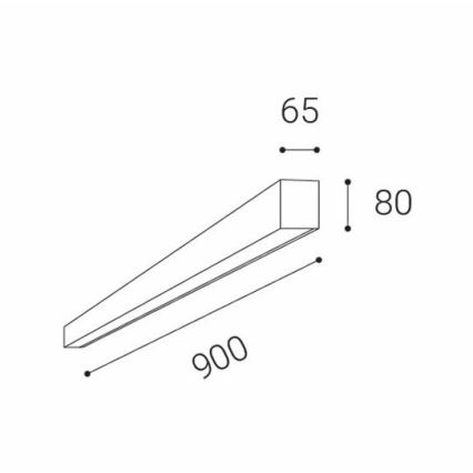 Dlhá obdĺžniková LED svietidlo je znázornené s rozmermi: 900 mm na dĺžku, 65 mm na šírku a 80 mm na výšku. Svietidlo je umiestnené vodorovne.