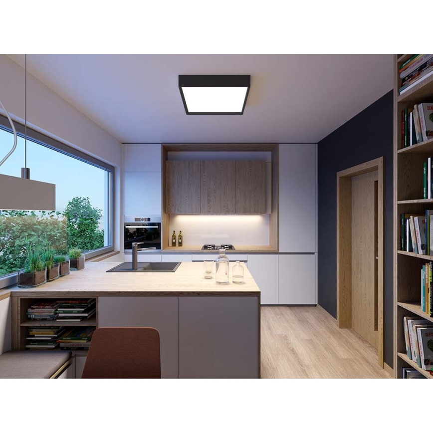 Moderné štvorcové stropné svietidlo svieti v kuchyni. Kuchynská linka s ostrovčekom a vstavanými spotrebičmi je umiestnená pri okne s výhľadom do záhrady. Vedľa je knižnica.