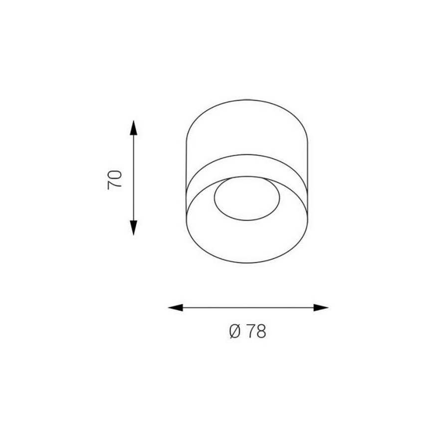 Svietidlo s valcovitým tvarom s vnútorným otvorom má výšku 70 a priemer 78 mm. Je znázornené technickým výkresom.