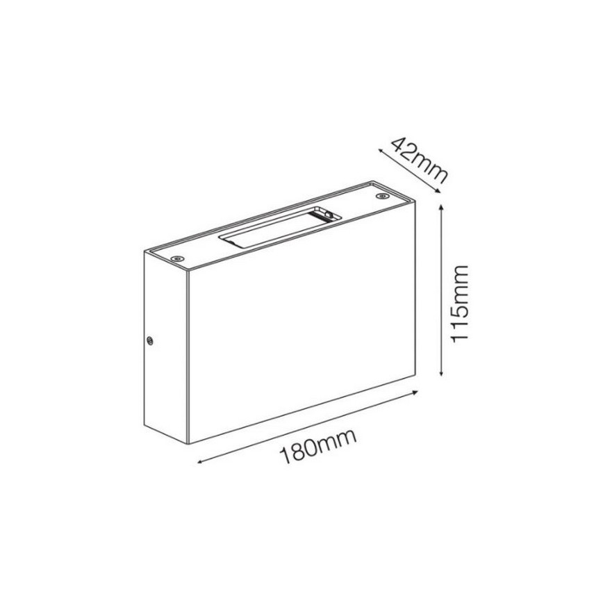 Obdĺžniková nástenná skrinka s úzkym otvorom je znázornená s rozmermi 180mm x 115mm x 42mm.