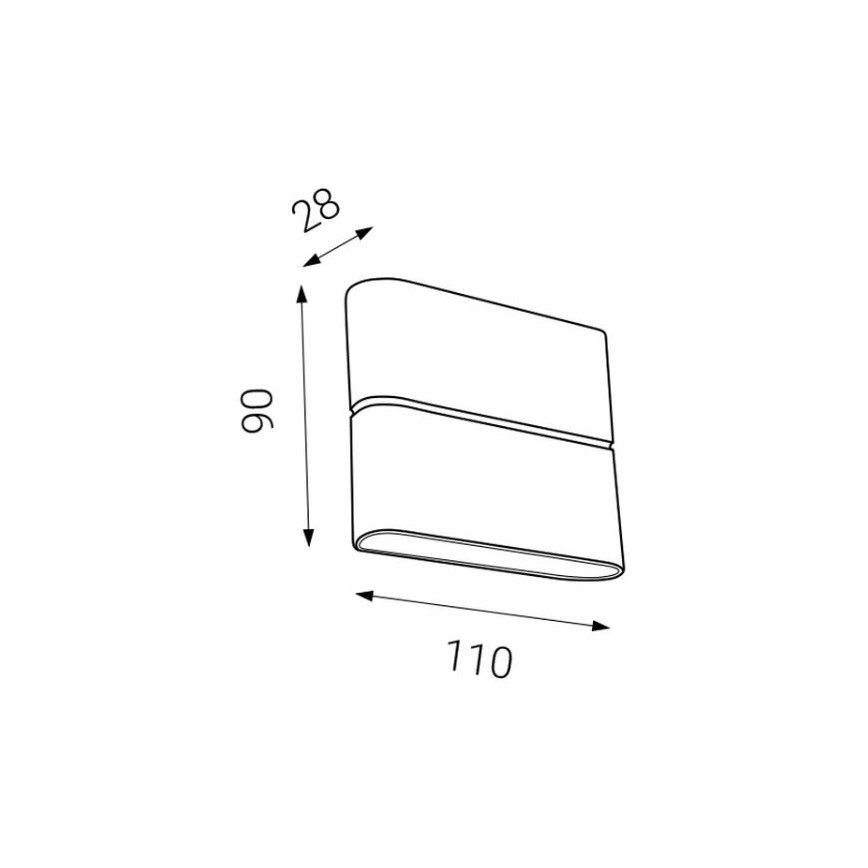 Nástenne svietidlo s rozmermi 110 x 90 x 28 mm je zobrazené v čiernobielej schéme. Svietidlo má obdĺžnikový tvar s dvoma horizontálnymi časťami. Ilustrácia slúži ako technický výkres s uvedenými rozmermi.