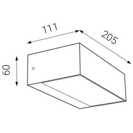 Obdĺžnikové svietidlo je znázornené v trojštvrťovom pohľade. Rozmery sú 205 x 111 x 60 mm.