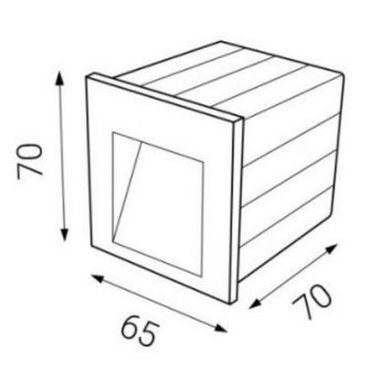 Nástené svietidlo s rozmermi 70 x 70 x 65 mm má štvorcový otvor pre svetlo. Je zobrazené v čelnom pohľade s rozmerovými údajmi.