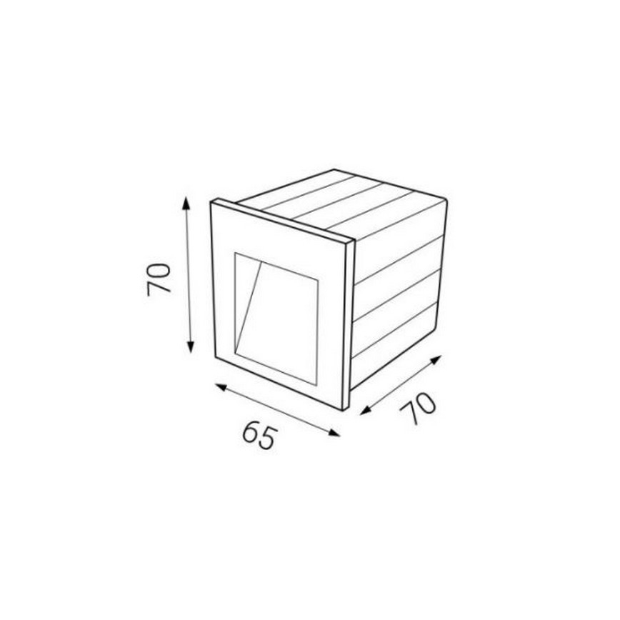 Nástené svietidlo s rozmermi 70 x 70 x 65 mm má štvorcový otvor pre svetlo. Je zobrazené v čelnom pohľade s rozmerovými údajmi.