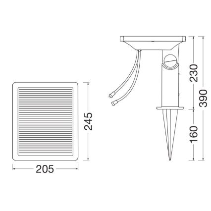 Solárny svietidlo s integrovaným solárnym panelom je pripevnené na zemnom kolíku. Svietidlo je doplnené o štvorcový difúzor s rozmermi 205x245 mm. Celková výška svietidla je 390 mm, šírka 230 mm. Výška kolíka je 160 mm.