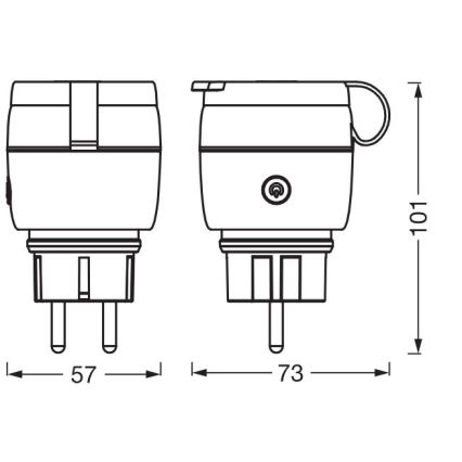 Elektrický adaptér, zobrazený z dvoch uhlov, má rozmery 57 x 73 x 101 mm. Adaptér má dve ploché vidlice a vypínač.