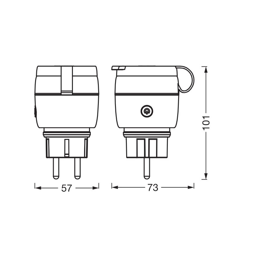 Elektrický adaptér, zobrazený z dvoch uhlov, má rozmery 57 x 73 x 101 mm. Adaptér má dve ploché vidlice a vypínač.