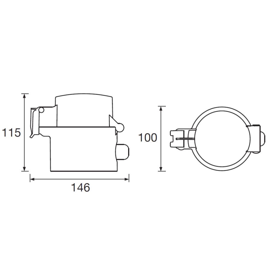 Elektrická zásuvka je znázornená v dvoch pohľadoch s rozmermi: výška 115 mm, šírka 146 mm a priemer 100 mm. Náčrt ukazuje jej bočný a čelný pohľad.