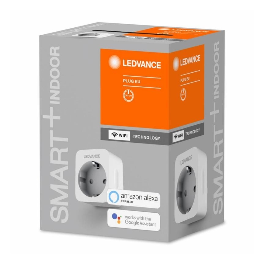 Dve inteligentné zásuvky LEDVANCE Plug EU s WiFi technológiou, kompatibilné s Amazon Alexa a Google Assistant, sú zabalené v krabici. Krabica je označená textom SMART+INDOOR.