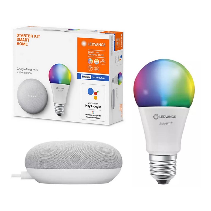 Ledvance - Inteligentný reproduktor Google Nest Mini + LED RGBW Stmievateľná žiarovka SMART+ A60 E27/10W/230V 2000 - 6500K