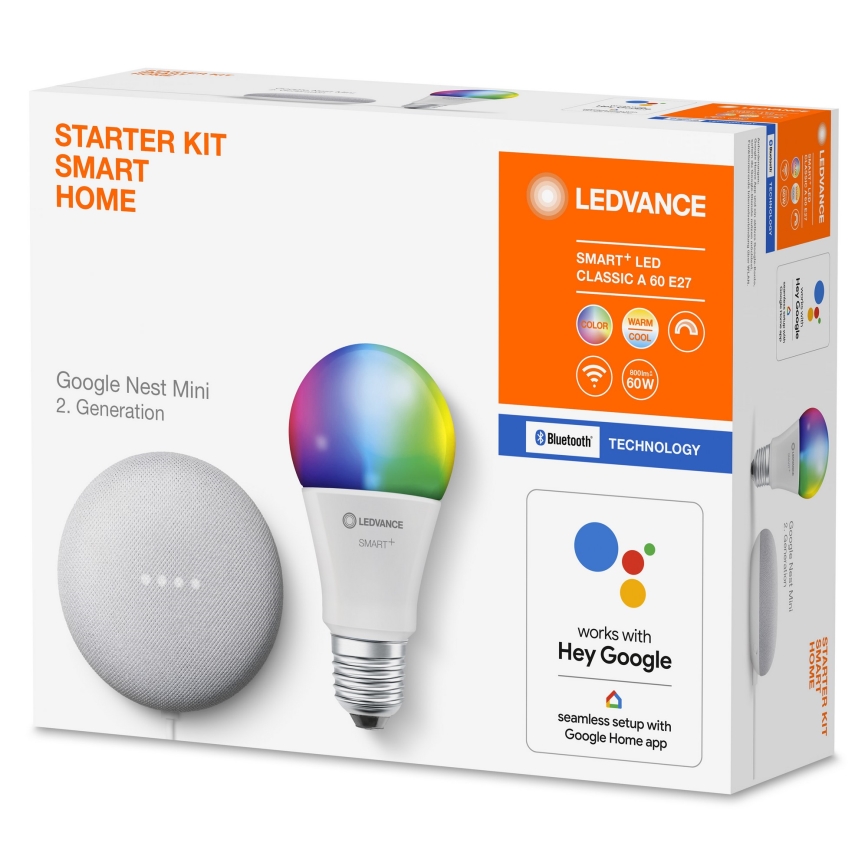 Ledvance - Inteligentný reproduktor Google Nest Mini + LED RGBW Stmievateľná žiarovka SMART+ A60 E27/10W/230V 2000 - 6500K