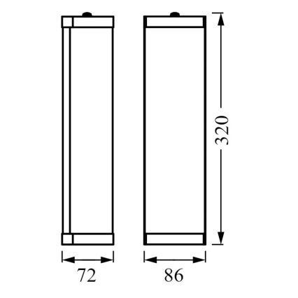 Dve vertikálne obdĺžnikové svietidlá s rozmermi 72x320 a 86x320 mm. Sú zobrazené v čelnom pohľade s detailnými rozmermi.