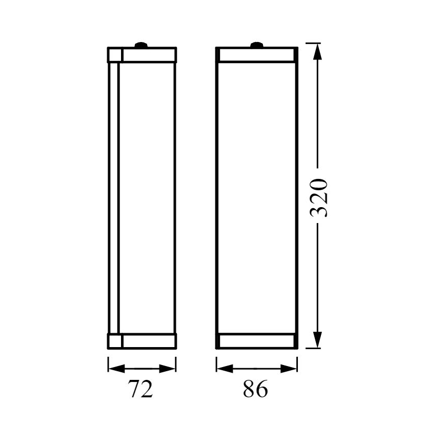 Dve vertikálne obdĺžnikové svietidlá s rozmermi 72x320 a 86x320 mm. Sú zobrazené v čelnom pohľade s detailnými rozmermi.