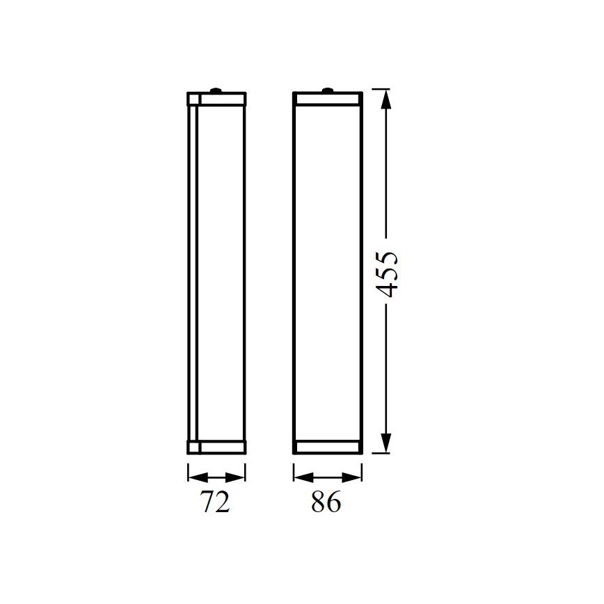 Dve svietidlá, zobrazené v čelnom pohľade, sú vysoké 455 mm. Šírka jedného je 72 mm, druhého 86 mm.