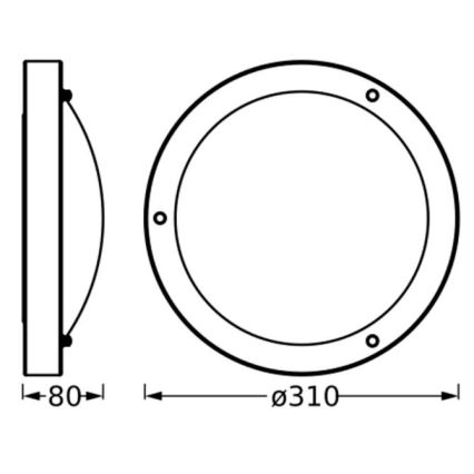 Svietidlo je znázornené v čelnom a bočnom pohľade. Má okrúhly tvar s priemerom 310 mm a výškou 80 mm. Na obvode sú viditeľné štyri otvory.