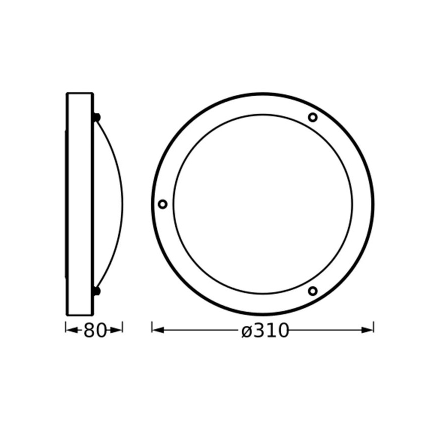 Svietidlo je znázornené v čelnom a bočnom pohľade. Má okrúhly tvar s priemerom 310 mm a výškou 80 mm. Na obvode sú viditeľné štyri otvory.