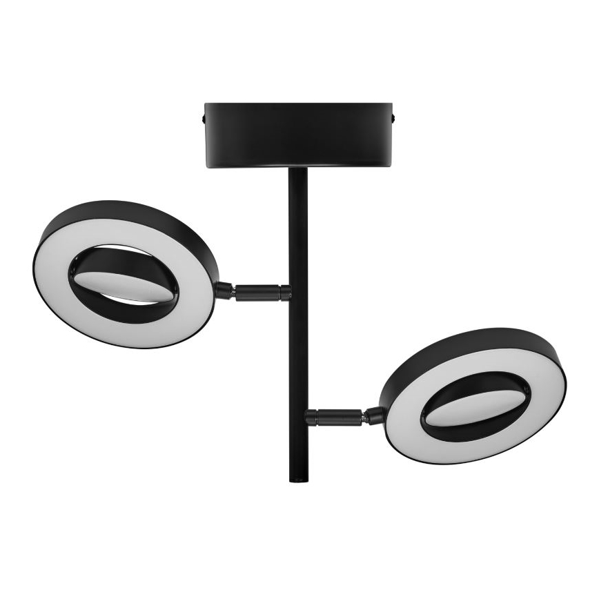 Dvojité stropné svietidlo s čiernym kovový rámom a otočnými okrúhlymi tienidlami s vnútorným difúzorom svetla, je pripevnené k stropu. Svietidlo osvetľuje priestor.