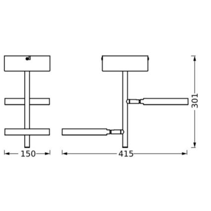Technický výkres zobrazuje stropné svietidlo s dvoma ramenami. Rameno s dĺžkou 415 mm je pripevnené na stĺpiku. Druhé rameno, dlhé 301 mm, je umiestnené v pravom uhle. Celková šírka svietidla je 150 mm.