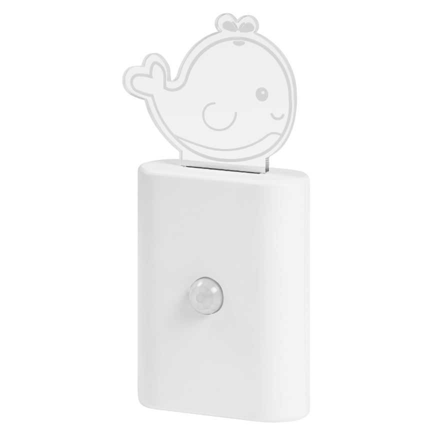 Biela nočná lampa s pohybovým senzorom má tvar obdĺžnika. Na vrchu je priehľadná silueta veľryby. Lampa je umiestnená na bielom pozadí.