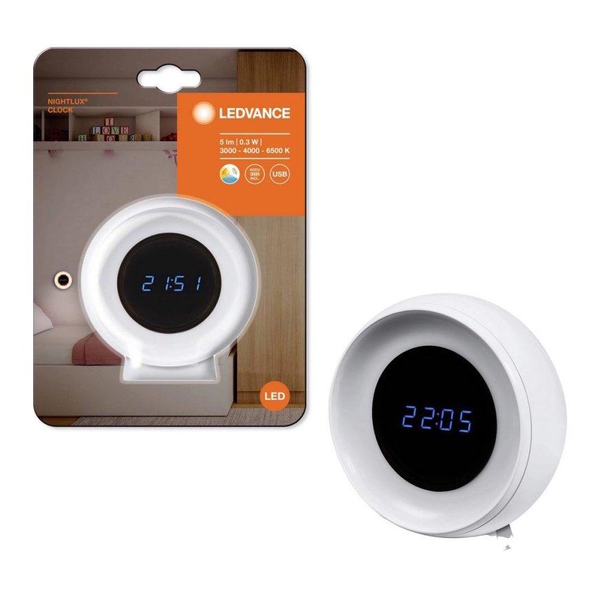 Ledvance - LED Digitálne hodiny s podsvietením NIGHTLUX LED/0,3W/5V 1000mAh 3000/4000/6500K