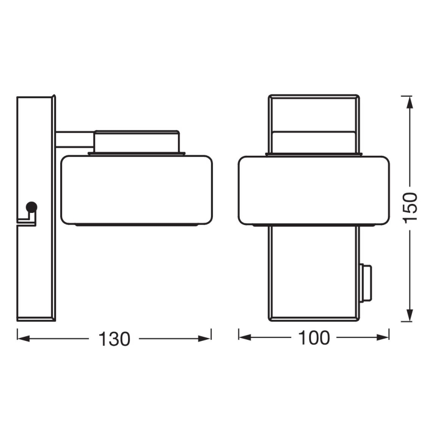 Nástená lampa s obdĺžnikovým tienidlom je pripevnená na stenu. Rozmery: šírka 100 mm, výška 150 mm, hĺbka 130 mm. Ukazuje sa bočný a čelný pohľad.